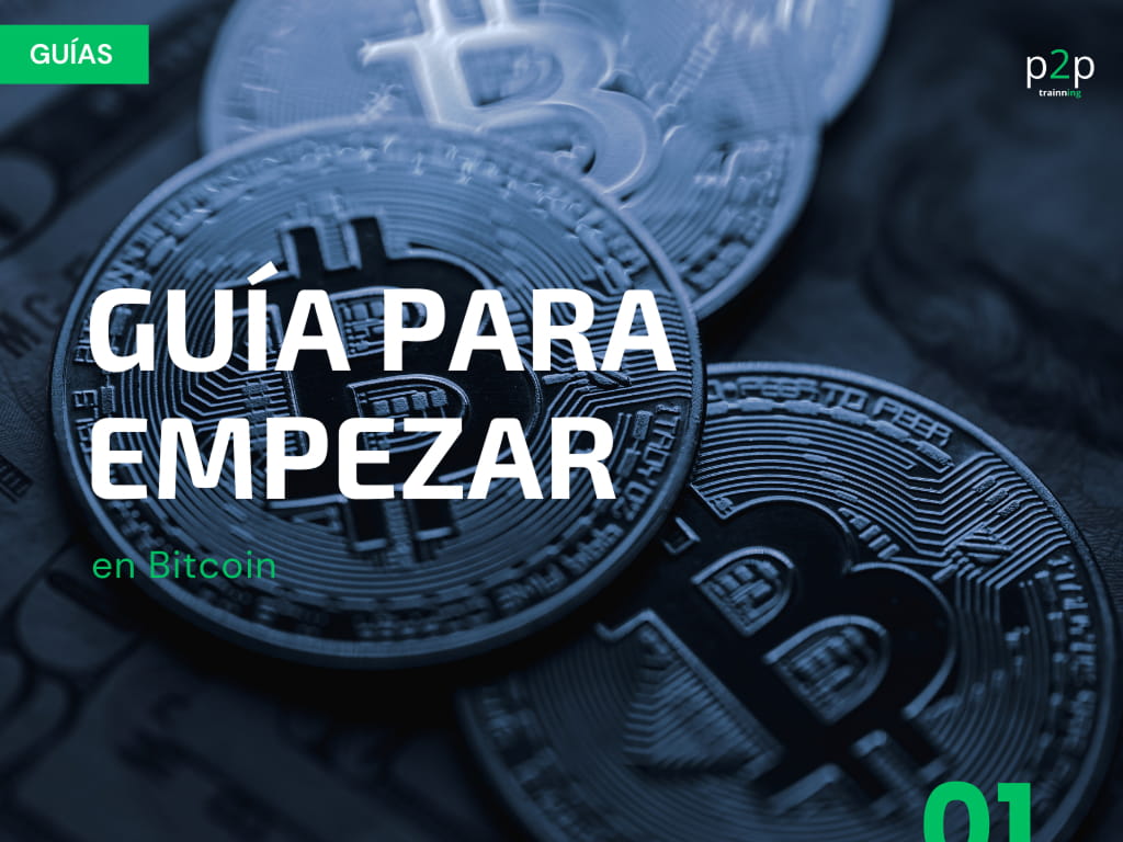 Guía para empezar en Bitcoin de P2P TRAINNING, fondo de monedas Bitcoin, tonos azul y verde. Formación online por Daniel Chinesta.