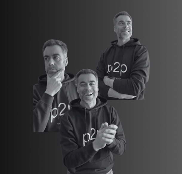 Instructor Daniel Chinesta de P2P TRAINNING en diferentes poses, vistiendo sudadera de la academia; formación premium en Bitcoin.